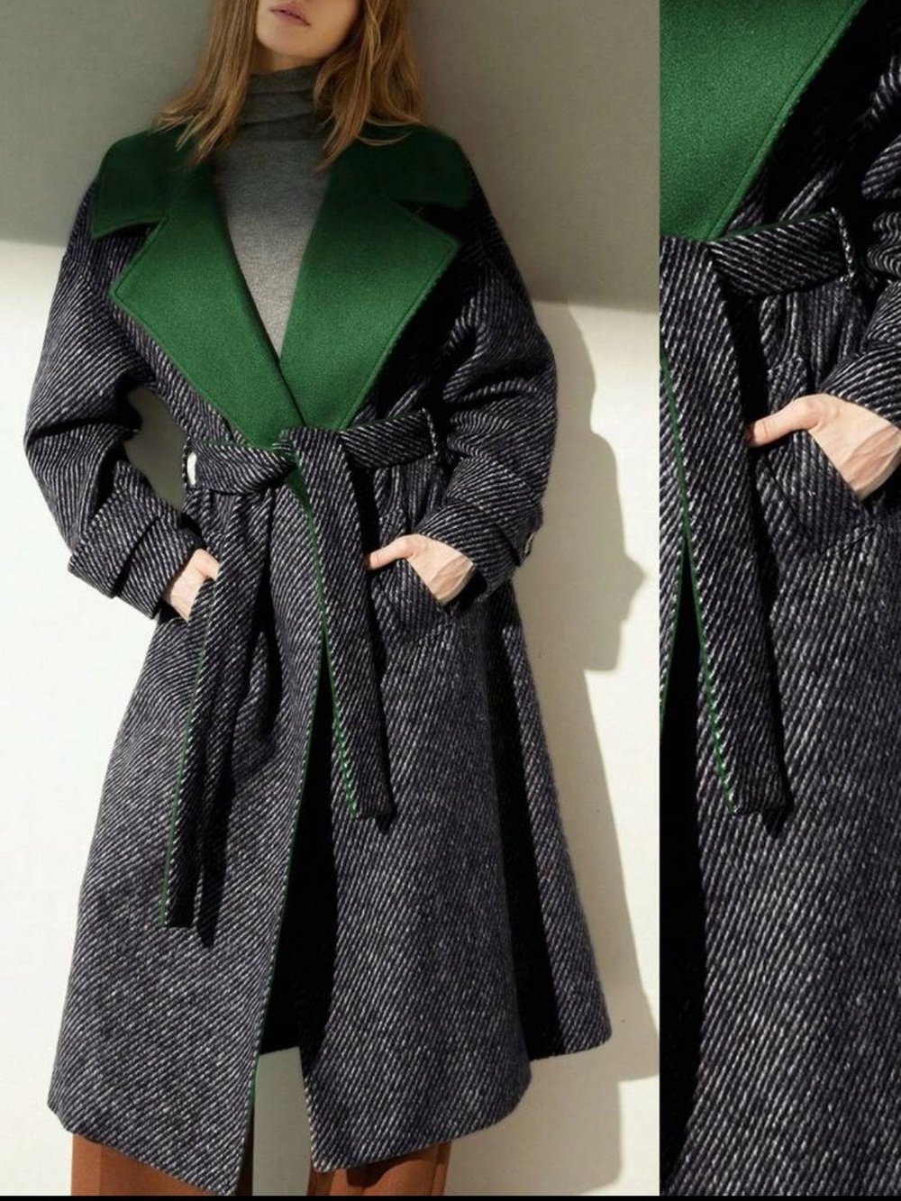 SHEIN Two-Tone Green & Charcoal Belted Pea Coat